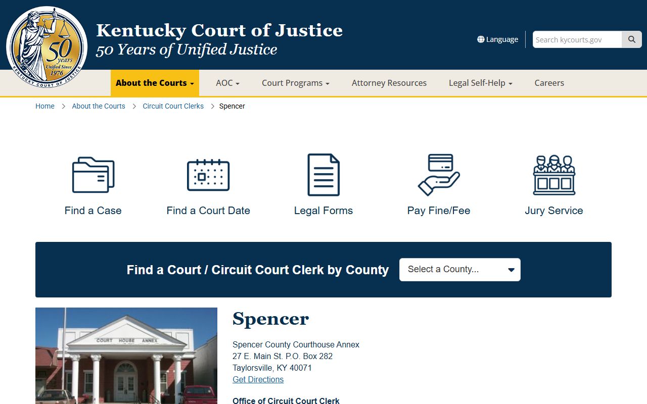 Spencer County court records on the Kentucky Court of Justice county page