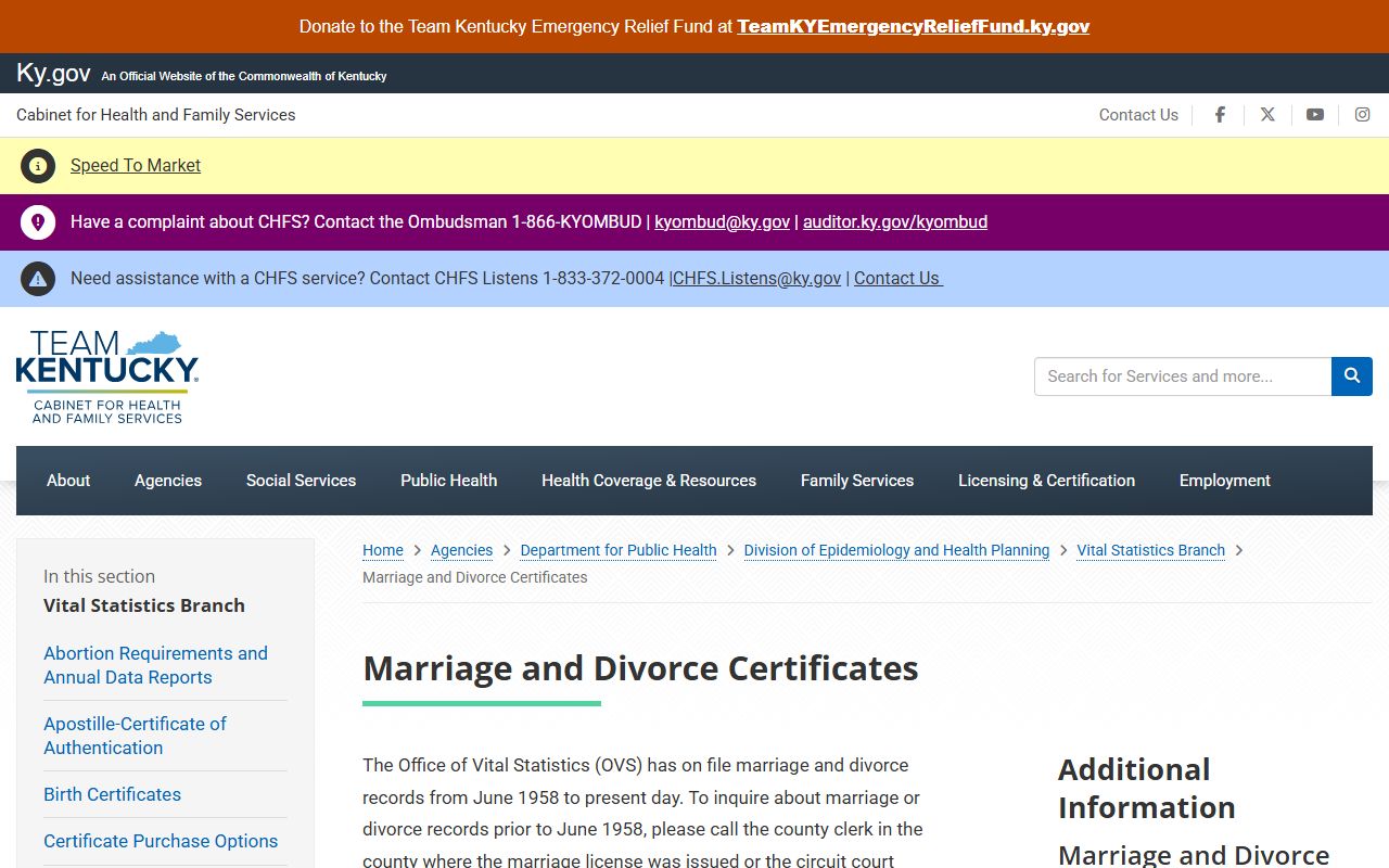 Spencer County marriage and divorce certificate access through Kentucky Vital Statistics