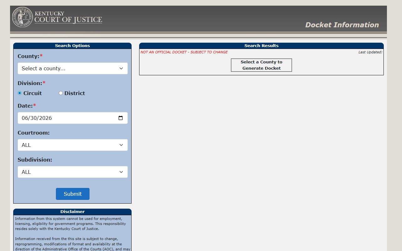 Spencer County court docket search fields in Kentucky docket portal