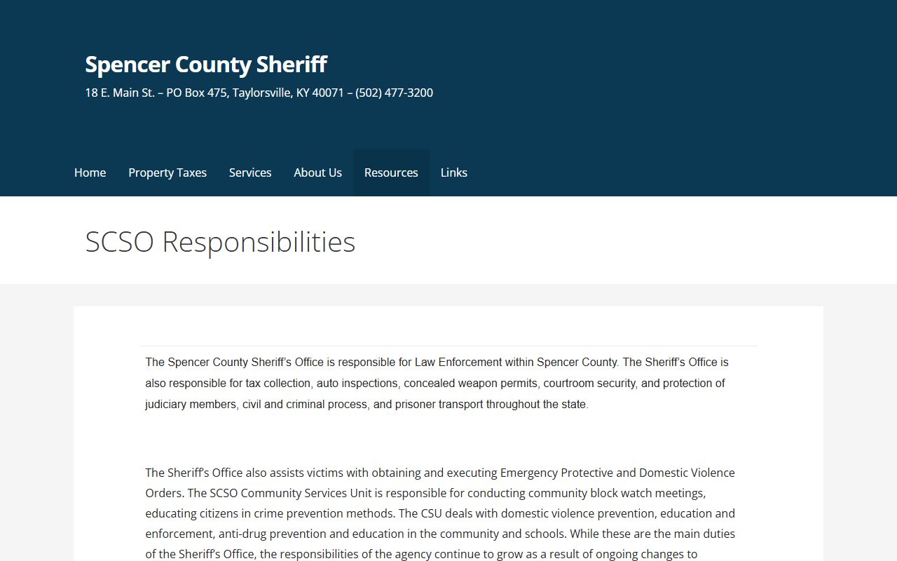 Spencer County warrant records sheriff office responsibilities