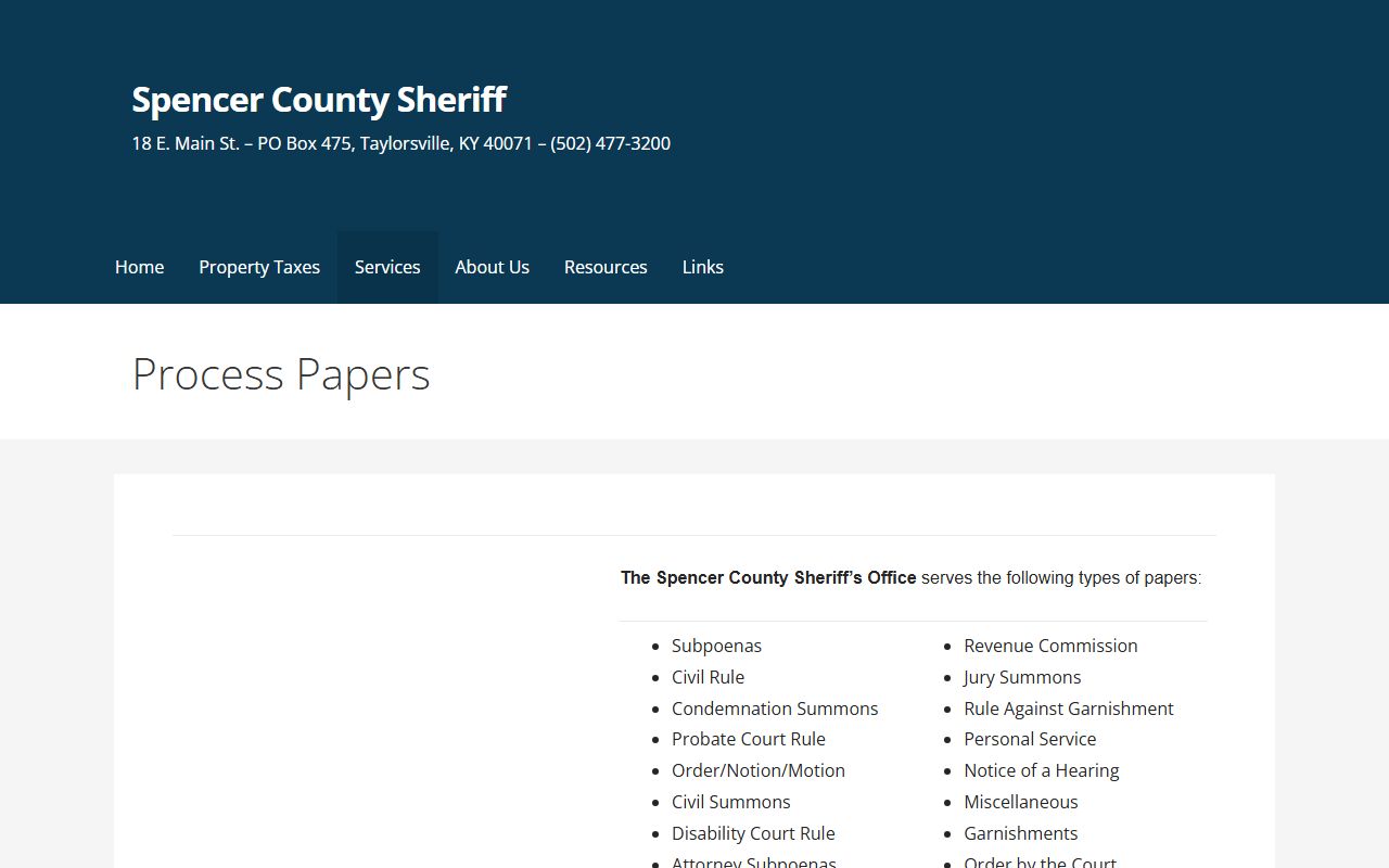 Spencer County warrant records sheriff process papers page